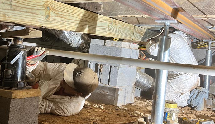 Professional worker repairing crawl space