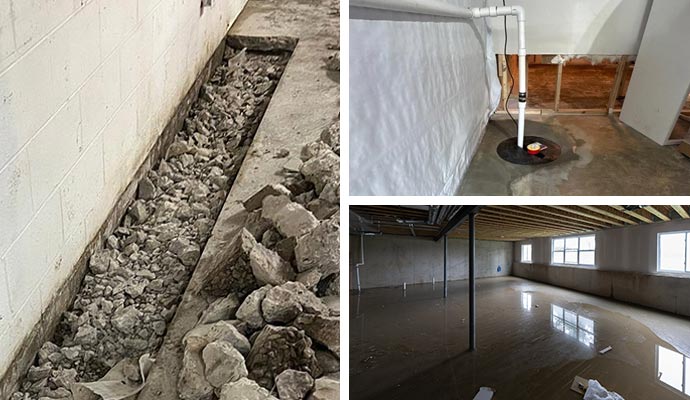 Collage of drainage system, sump pump, and flooded basement