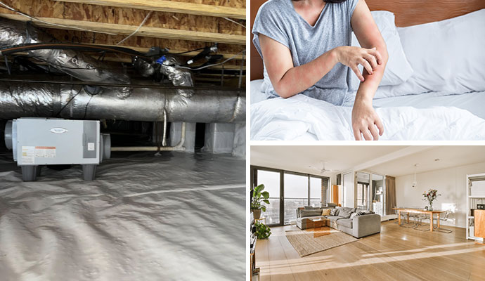 Collage of encapsulated crawl space, a person suffering from allergy and clean living room with improved indoor air quality