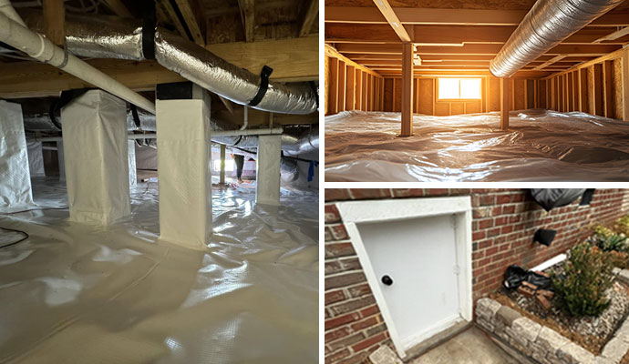 Collage of encapsulated, ventilated crawl space and access door of crawl space