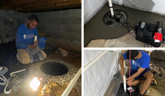 Collage of sump pump, discharge line installation, and repair