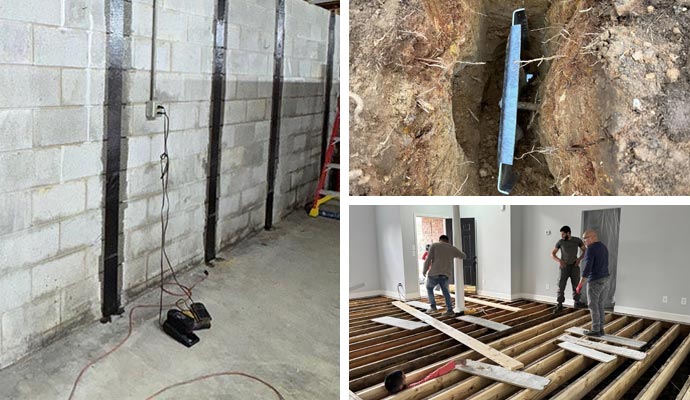 Collage of wall repair, stabilization, and floor repair