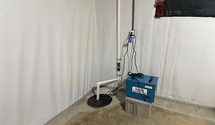A crawl space with white vapor barrier