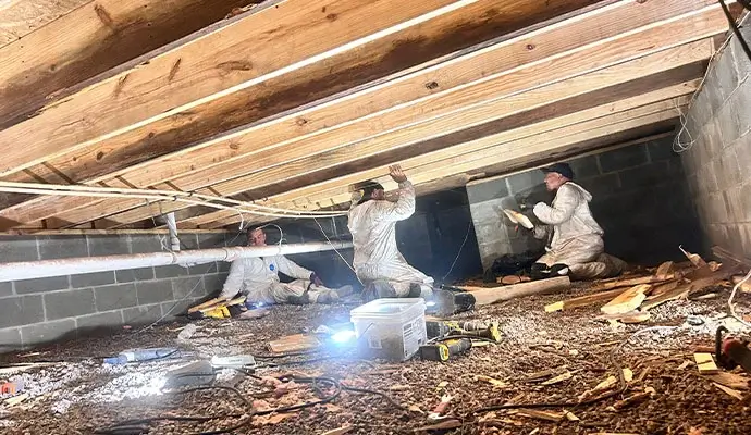 Professional team restoring a damaged crawl space