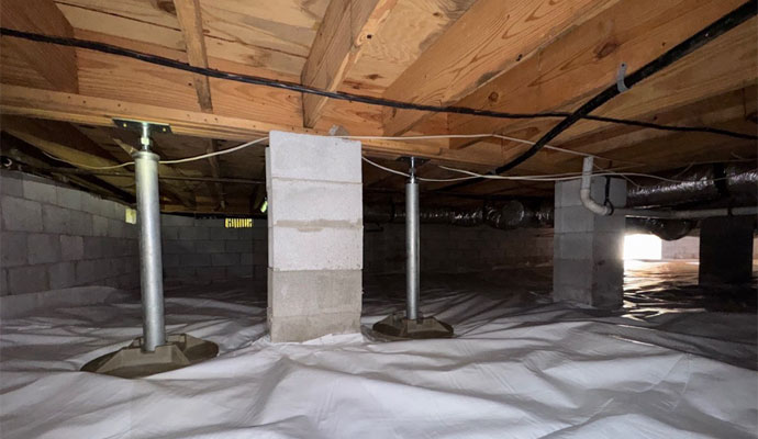 Encapsulated crawl space with a vapor barrier, adjustable steel support jacks, and a cinder block pier.