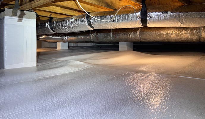 Sealed crawl space with white vapor barrier