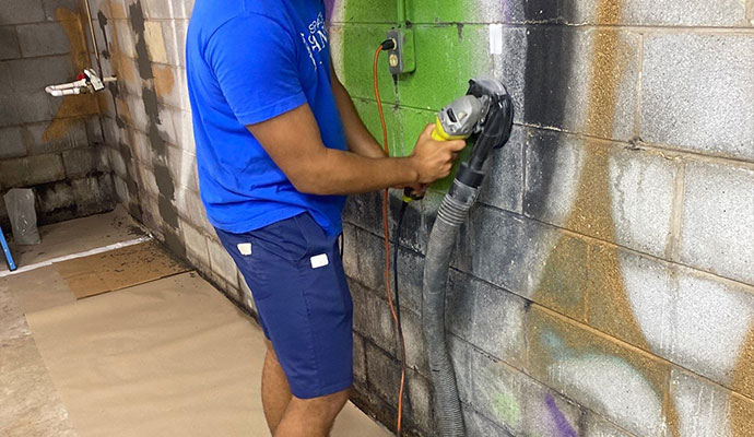 Foundation repair professional using a grinder to prepare a basement concrete block wall