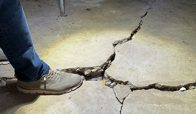 Severely cracked concrete surface with person standing nearby for scale