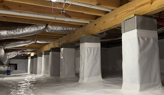 Encapsulated crawl space with vapor barrier and wrapped support columns for moisture control