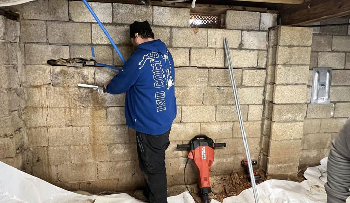 Foundation wall repair service underway in basement crawlspace area
