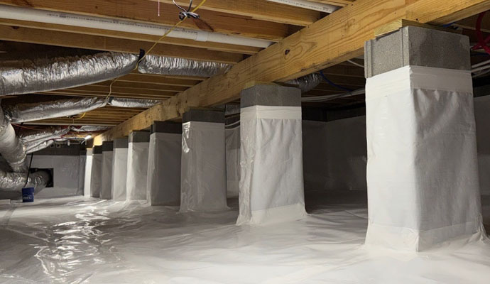 Interior view of a clean, fully encapsulated crawlspace