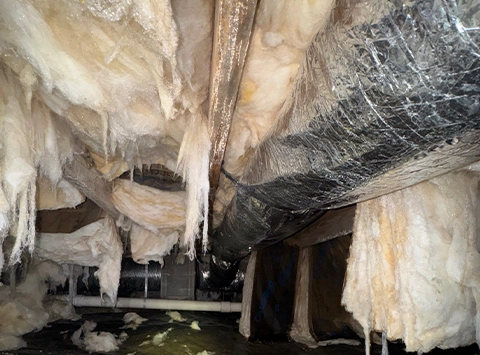 Severe moisture issues shown by heavy mold growth and water damage hanging from floor joists and insulation in a damp crawl space.