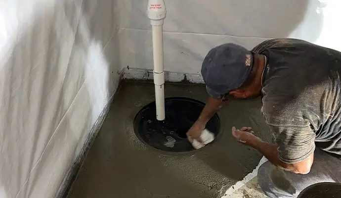 Professional worker installing sump pump in the basement