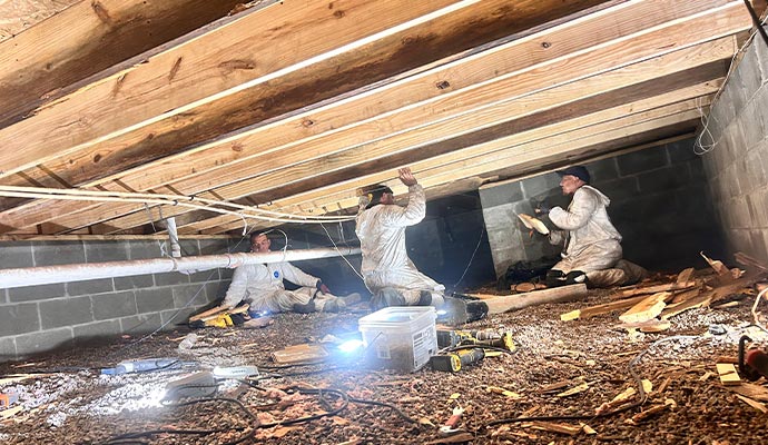 Professional team of Crawlspace Titans repairing crawl-space