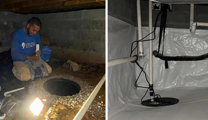 Sump pump installation in basement and sump pump installed in crawlspace