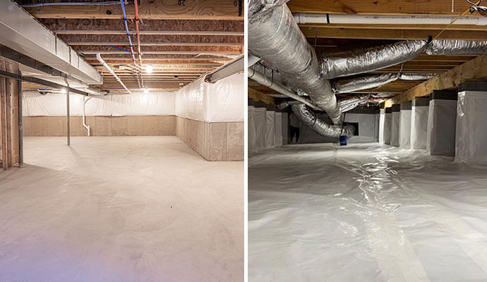 Waterproofed basement and encapsulated crawlspace