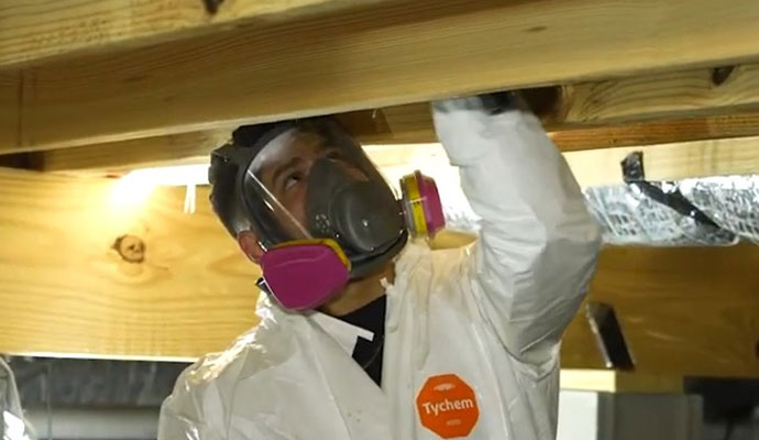 A worker in a white Tychem hazmat suit and a full-face respirator inspecting a wooden floor joist in a crawl space.